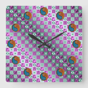 Horloge Carrée Poissons & Coq de Bois