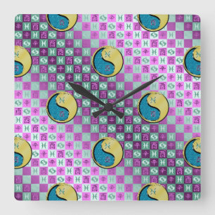 Horloge Carrée Poissons & Coq de Métal