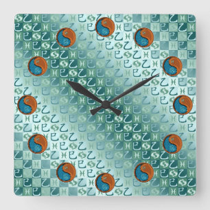 Horloge Carrée Poissons & Serpent de Bois