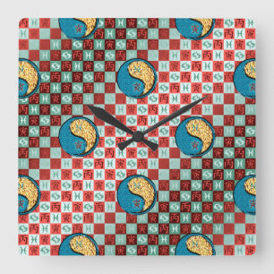 Horloge Carrée Poissons & Tigre de Feu