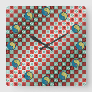 Horloge Carrée Poissons & Tigre de Métal