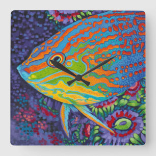 Horloge Carrée Poissons tropicaux brillants I