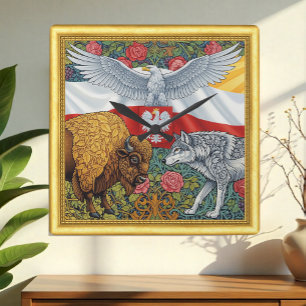 Horloge Carrée Pologne, Bison, Loup, Aigle polonais, Art Nouveau
