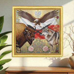 Horloge Carrée Pologne patriotique, Bison, Loup, Aigle, Art Nouve