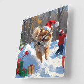 Horloge Carrée Poméranien en neige avec Casquette de Noël (Angle)