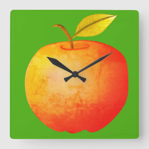 Horloge Carrée Pomme Fruit Vibrant moderne Carton rouge et vert