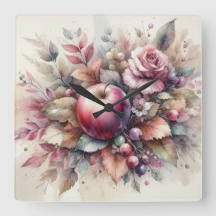 Horloge Carrée Pommes automnales en couleurs pastel aquarelle