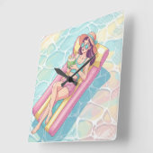 Horloge Carrée Pool Day Relaxing Girl (Angle)