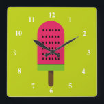 Horloge Carrée Pop art popsicle fruity watermelon<br><div class="desc">A cute pop art colorful bright illustration of a watermelon popsicle ice-block in pink and lime green. Happy and fruity !</div>