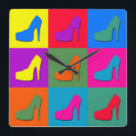 Horloge Carrée pop art shoes<br><div class="desc">Illustration of high-heel shoes on colorful tiled background</div>