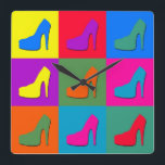 Horloge Carrée pop art shoes<br><div class="desc">Illustration of high-heel shoes on colorful tiled background</div>