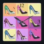 Horloge Carrée Pop Art Stiletto Pumps / Shoes / High Heels Square<br><div class="desc">Clock in "Glorification of the Stiletto" print - Pop Art rendering of the beloved stiletto pump</div>
