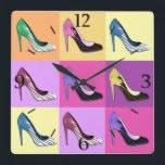 Horloge Carrée Pop Art Stiletto Pumps / Shoes / High Heels Square<br><div class="desc">Clock in "Glorification of the Stiletto" print - Pop Art rendering of the beloved stiletto pump</div>