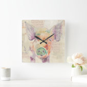 Horloge Carrée Porc de collage de ferme d'aquarelle (Maison)
