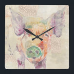 Horloge Carrée Porc de collage de ferme d'aquarelle<br><div class="desc">Artiste de porc de collage de ferme : Jennifer Goldberger</div>