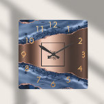 Horloge Carrée Porte bleu marbre rose or logo d'entreprise<br><div class="desc">Une agate en or bleu foncé et rose,  gravure en pierre de marbre comme arrière - plan Personnalisez et ajoutez votre logo d'entreprise. Nombre d'or.</div>