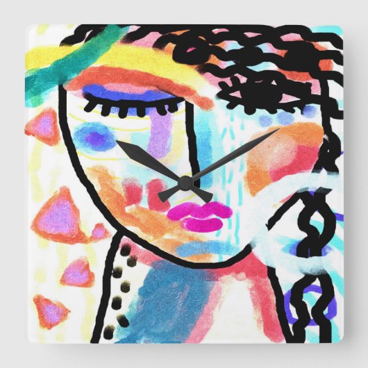 Horloge Carrée Portrait Abstrait funky d'une femme (Recto)