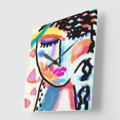 Horloge Carrée Portrait Abstrait funky d'une femme (Angle)