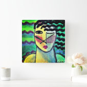 Horloge Carrée Portrait Abstrait funky d'une femme (Maison)