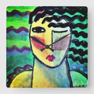 Horloge Carrée Portrait Abstrait funky d'une femme