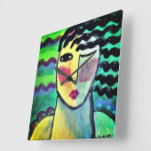 Horloge Carrée Portrait Abstrait funky d'une femme (Angle)