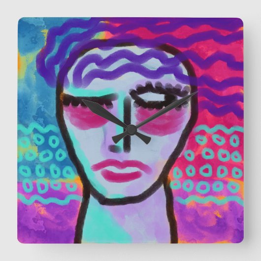 Horloge Carrée Portrait Abstrait original d'une femme (Recto)