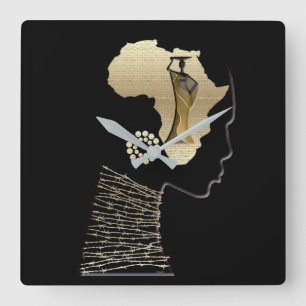 Horloge Carrée Portrait Afrocentrique Doré Symbole de l'Afrique