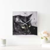 Horloge Carrée Portrait de chat noir mignon (Maison)