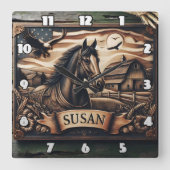 Horloge Carrée Portrait de cheval avec grange et aigles à Dusk (Recto)