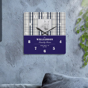 Horloge Carrée Portrait de cheval de ferme Navy Blue Plaid Nom