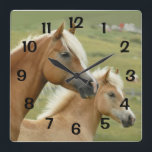 Horloge Carrée Portrait de Horses Palomino Mother et Foal<br><div class="desc">Featured on this clock is a portrait of a Haflinger mare and her foal. The numbers are calibrated to correspond to the proper time. This clock would make a perfect venin for a horse lover.</div>
