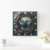 Horloge Carrée Portrait d'orignal majestueux dans cadre rustique (Maison)