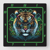 Horloge Carrée Portrait féroce du tigre de néon (Recto)