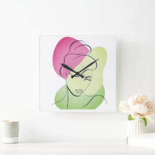 Horloge Carrée Portrait Tête Féminine Lineart