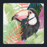 Horloge Carrée Portrait toucan avec Feuilles tropicaux<br><div class="desc">Toucan Palms I par Jennifer Paxton Parker. Un petit toucan se dresse au milieu d'une végétation tropicale aux couleurs vives,  dans un style aquarelle. | 133068GG</div>