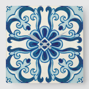 Horloge Carrée Portugais Azulejos Blue Floral Motif