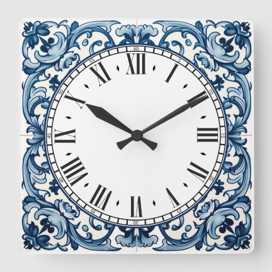 Horloge Carrée Portuguese blue tile square wall clock (Recto)