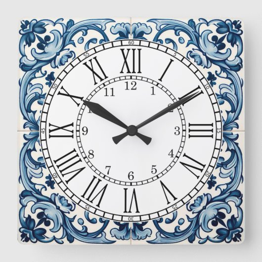 Horloge Carrée Portuguese blue tile square wall clock (Recto)