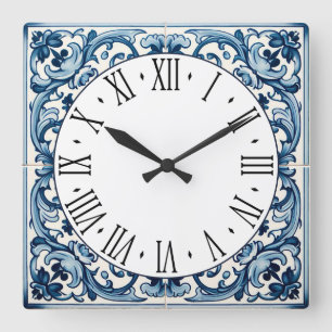 Horloge Carrée Portuguese blue tile square wall clock