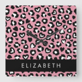 Horloge Carrée Poster de animal, Léopard Rose, Coeurs, Votre Nom (Recto)