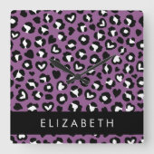 Horloge Carrée Poster de animal, Léopard Violet, Coeurs, Votre No (Recto)