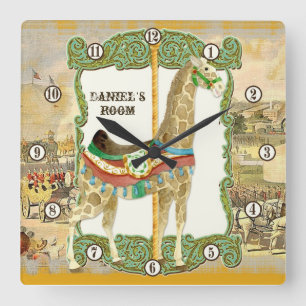 Horloge Carrée Poster de cirque vintage, Giraffe Baby Room Horlog