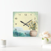 Horloge Carrée Pot à fleurs vintage et Mariage papillon (Maison)