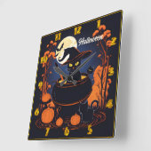 Horloge Carrée Potions brassées de chat noir sous une lune d'Hall (Angle)