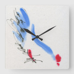 Horloge Carrée Poulet blanc. Calligraphie et aquarelle