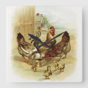 Horloge Carrée Poulets de la ferme d'art vintage