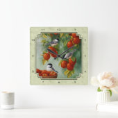 Horloge Carrée Poulets et pommiers verts (Maison)