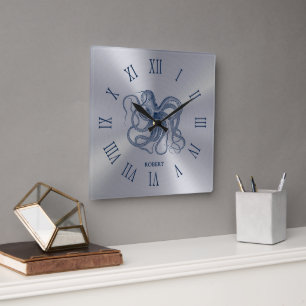 Horloge Carrée Poulpe Bleu Chiffres Romains sur Argent Foncé