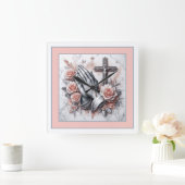 Horloge Carrée Praying Hands, Crucifix et Roses (Maison)