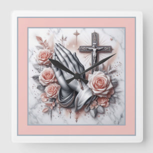 Horloge Carrée Praying Hands, Crucifix et Roses